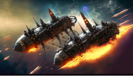 space war between five steampunk metallic roach spaceship exploding in space shooting laser ph...png