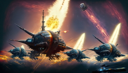 space war between five steampunk metallic roach spaceship exploding in space shooting laser ph...png