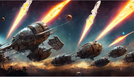space war between five steampunk metallic roach spaceship exploding in space shooting laser ph...png