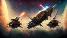 space war between five steampunk metallic roach spaceship exploding in space shooting laser ph...png